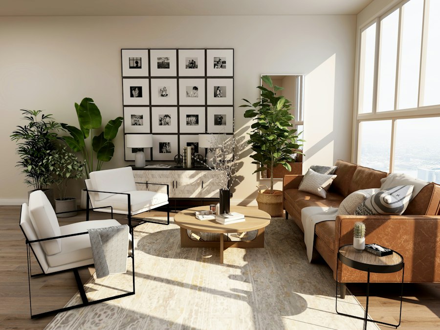 Calm, modern living room with natural furnishings